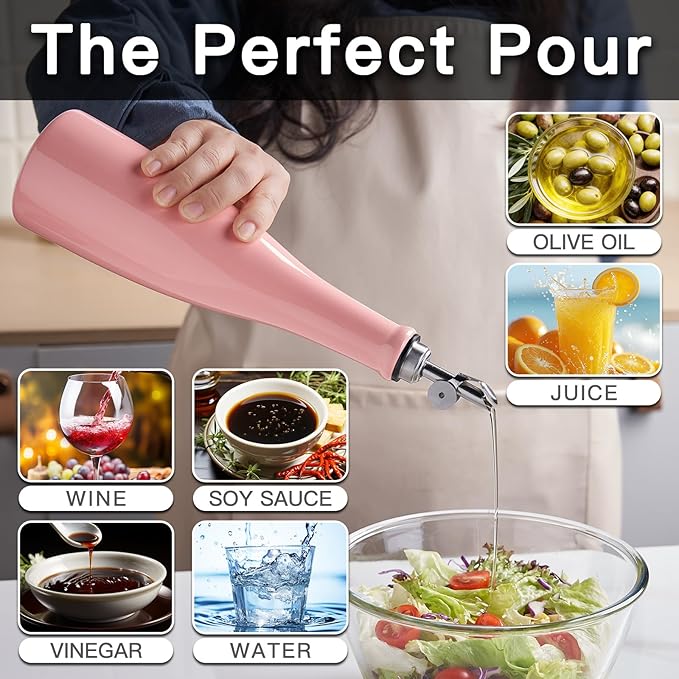 YOLIFE Olive Oil Dispenser Bottle, 20oz Ceramic Oil Dispenser for Kitchen, Oil Bottle with Gravity Spout, Leak Proof EVOO Dispensing Bottle with 2 Spouts and 1 Funnel for Vinegar, Juice(Pink)