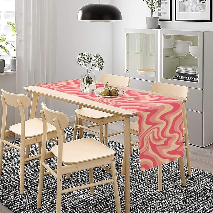 Retro 70s Groovy Table Runner,Vintage Abstract Modern Art Pink Boho Spiral Swirl Waves Farmhouse Country Dinner Runner for Home Kitchen Dining Table Party Holiday Decor 13"x90"