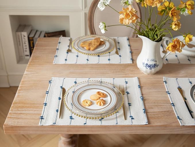 Boho Placemats Set of 4 for Dining Table Decor, Woven Cloth Place Mats for Farmhouse Rustic Kitche Home Decor, Cotton Placemats 13 x 19 Inch, Blue and Beige Table mats
