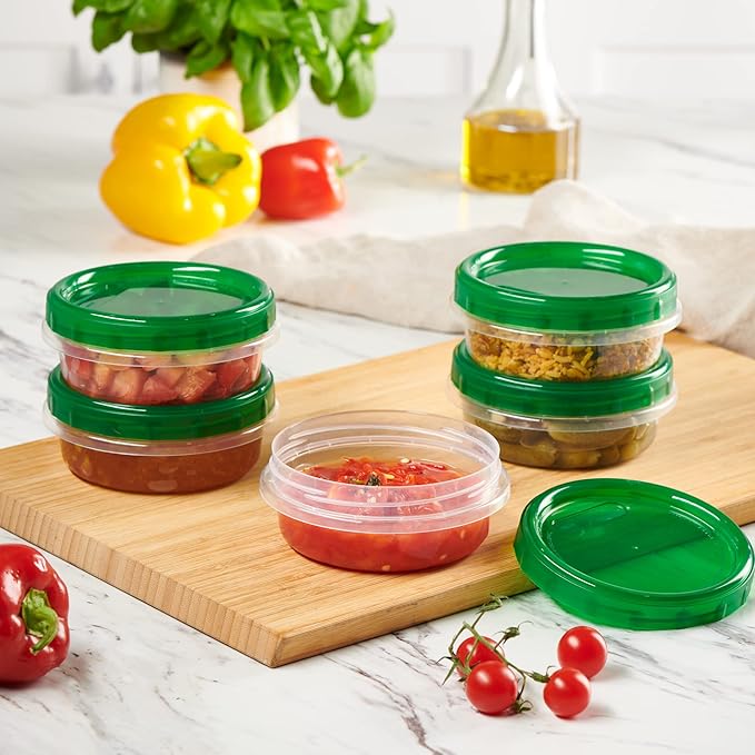 PLASTICPRO 12 Pack Twist Cap Food Storage Containers with Green Screw on Lid- 8 oz Reusable Meal Prep Containers - Freezer and Microwave Safe Green Plastic Food Storage
