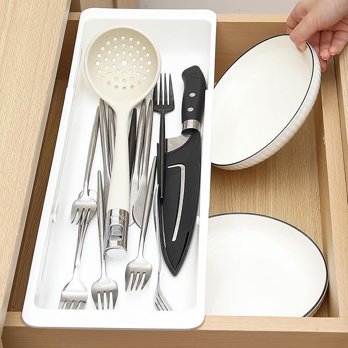 1 Pack Deep Drawer Organizer Bins, Sliding Drawer Organizer Bin Expandable and Adjustable Tray for Kitchen Utensils, Towels, BBQ Tools, Durable Plastic Sliding for Easy Storage (17.4-27.6")