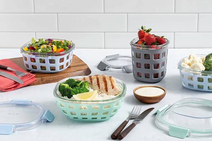 Ello DuraGlass Food Storage Glass Lunch Bowl - Meal Prep Container with Silicone Sleeve and Airtight Lid, 5 Cup, Yucca