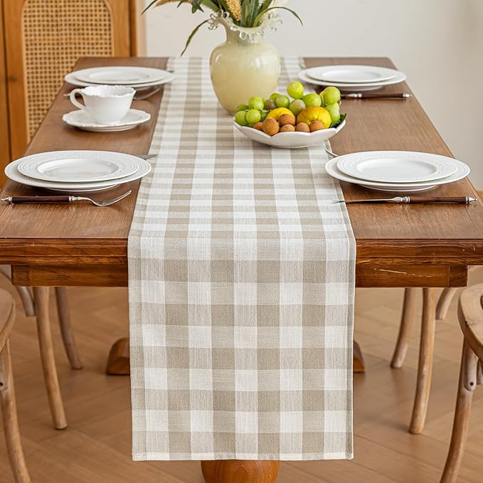 Alsoo Beige Gingham Table Runner 13 x 108 inches Long, Cotton Linen Farmhouse Checkered Kitchen Dining Table Decor for Home Party, Wrinkle Free