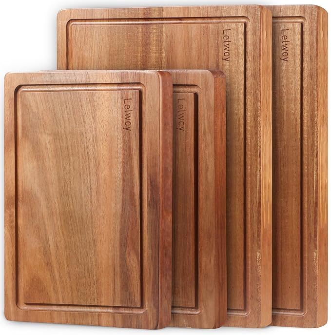 Wood Cutting Boards for Kitchen, Large Cutting Board Set of 4, Wooden Cutting Boards with Juice Grooves, Chopping Board for Meat, Veggies, Easy Grip Handle (double 17x12, 12x9, 12x8 inch)