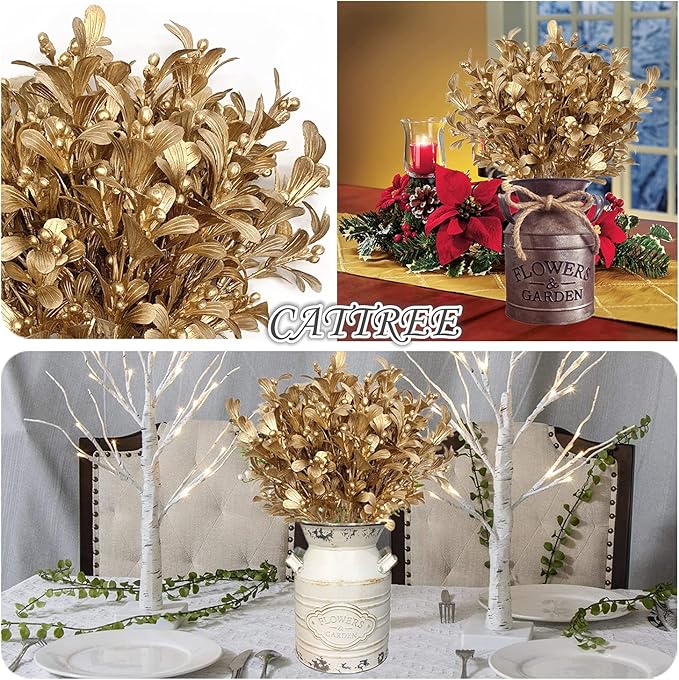 Artificial Flowers Christmas Decor, Golden Leaves Branches Plants Fake Berry Grass for Wedding Bridal Bouquet Party Indoor DIY Home Office Table Centerpieces Arrangements Decoration - Gold 4 Pack
