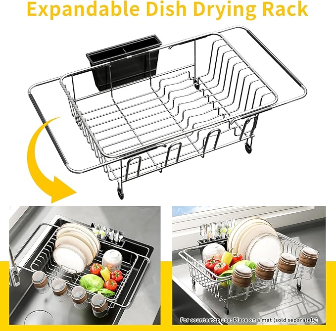 PureBox Expandable Over The Sink Dish Drying Rack - Adjustable Stainless Steel Dish Rack for Kitchen Counter or In-Sink, Heavy-Duty Rust-Proof Space Saving Drainer with Utensil Holder (15.5" to 23.2")