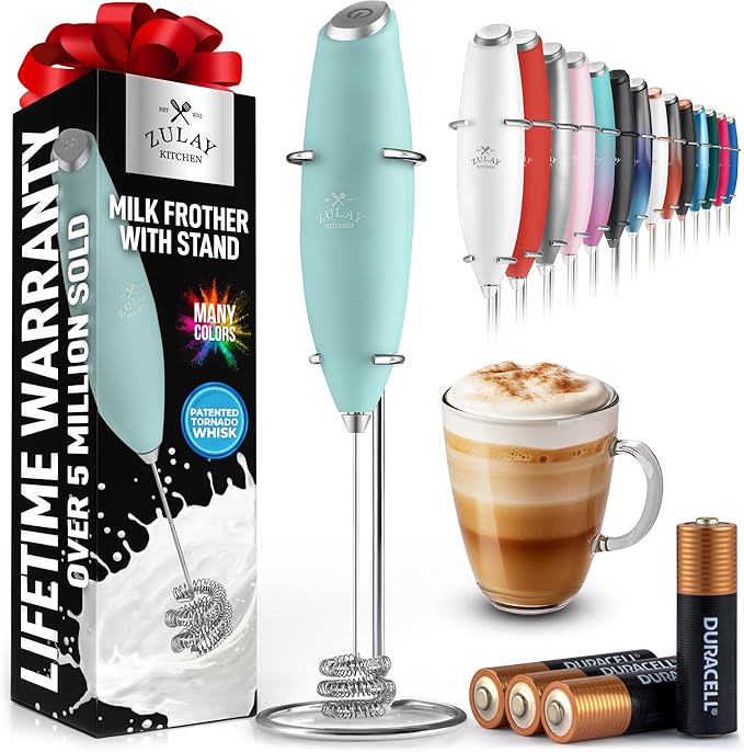 Zulay Kitchen Powerful Milk Frother Wand With Duracell Batteries - Ultra Fast Handheld Drink Mixer - Electric Whisk Foam Maker for Coffee, Lattes, Cappuccino & Matcha - Triple Whisk - Peppermint