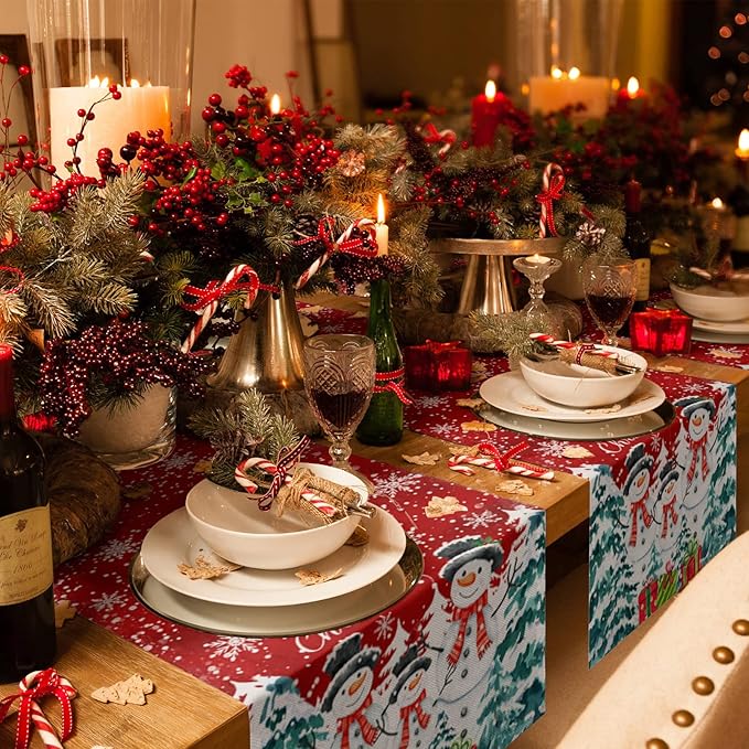 Christmas Table Runner - 70 Inch Long, Snowman Dining Tablerunner Xmas Tree Kitchen Dresser Scarves, Winter Snowflake Farmhouse Red Merry Christmas Decor for Coffee Table Wedding Party Banquet