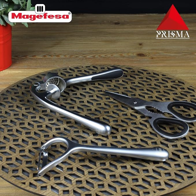 Magefesa Prisma 3-Piece Stainless Steel Kitchen Utensil Set – Includes Kitchen Scissors, Oscillating Peeler & Garlic Press – Premium 18/10 Stainless Steel, Dishwasher Safe