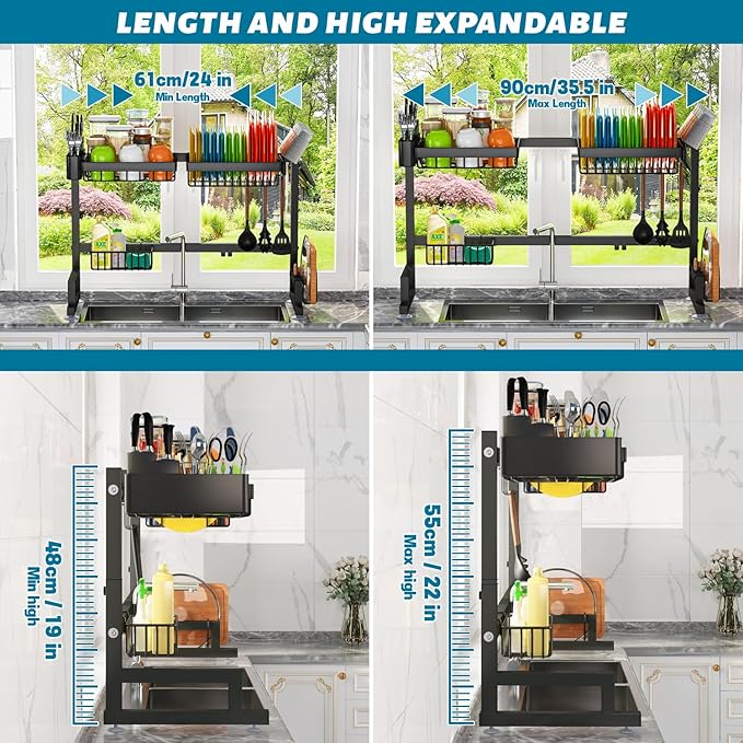 ADBIU 【Fit Sink 24.5"- 32" L 2023 Version Over Sink Dish Drying Rack (Expandable Dimension) Snap-On Design 2 Tier Large Kitchen Dish Rack Stainless Steel Counter Organization and Storage