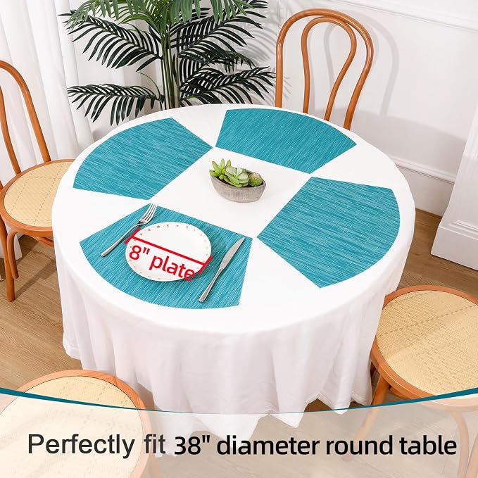 SHACOS Small Round Table Placemats Set of 5 Woven Vinyl Wedge Placemats with Centerpiece Round Table Mats Heat Resistant Wipe Clean (5, Teal Blue)