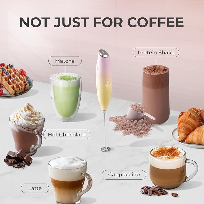 Zulay Powerful Milk Frother for Coffee with Upgraded Titanium Motor - Handheld Electric Whisk, Milk Foamer, Mini Mixer & Coffee Blender for Frappe, Latte, Matcha, No Stand - Ember Sunrise