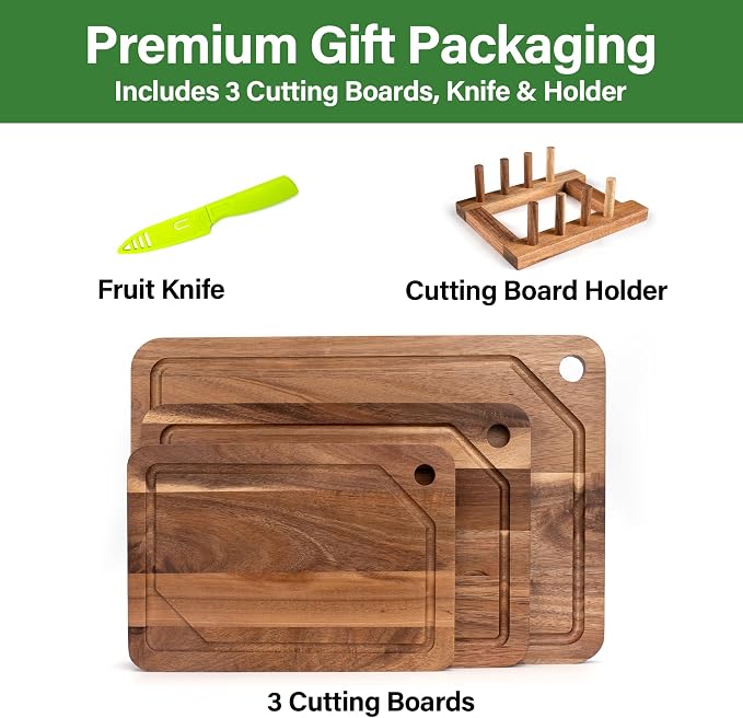 Wood Cutting Board For Kitchen, Acacia Wood Cutting Board Set of 3 with Juice Groove, Double-Sided Chopping Board Serving Board with Hanging Hole for Meat, Vegetables and Cheese