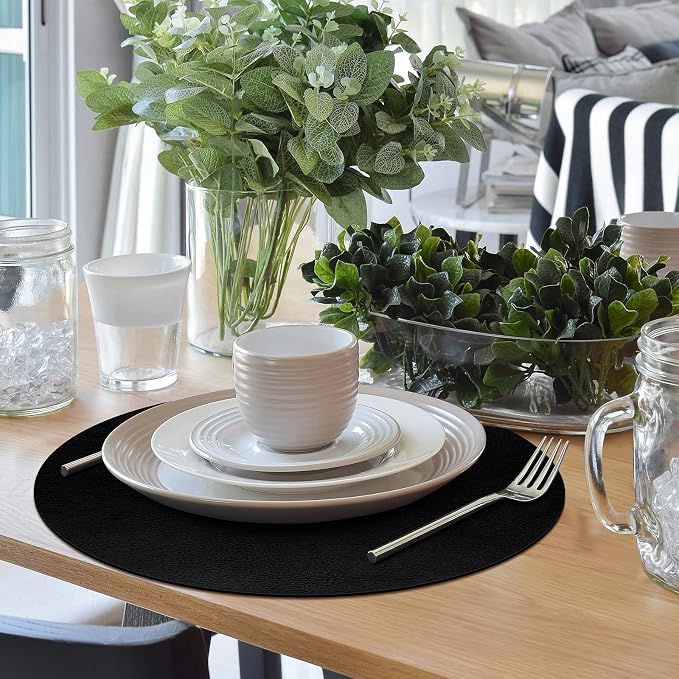 ADRIMER Placemats, Heat Resistant Round Placemats Set of 12 Washable, Waterproof Table Mats, Wipeable Faux Leather Place Mats for Kitchen, Dining Room, Black