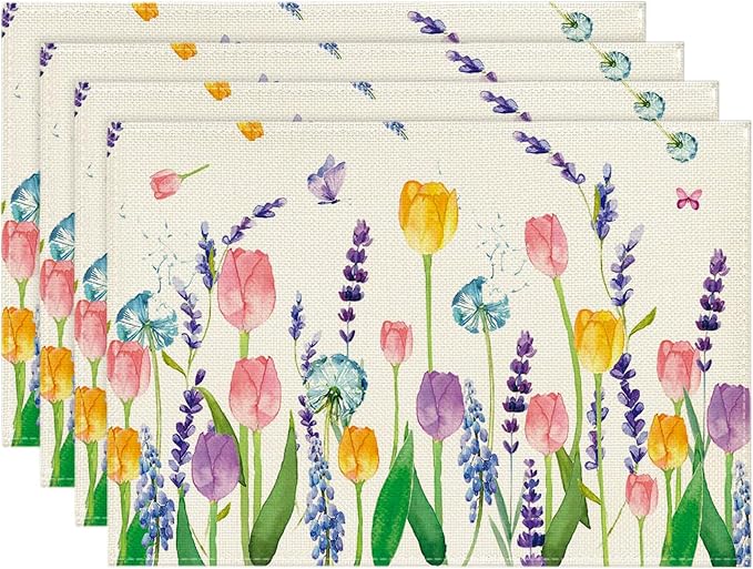 Niviy Tulip Lavender Butterfly Spring Placemats Set of 4, Seasonal Holiday Summer Table Mats for Home Party Kitchen Dining Room Decoration 12x18 Inch