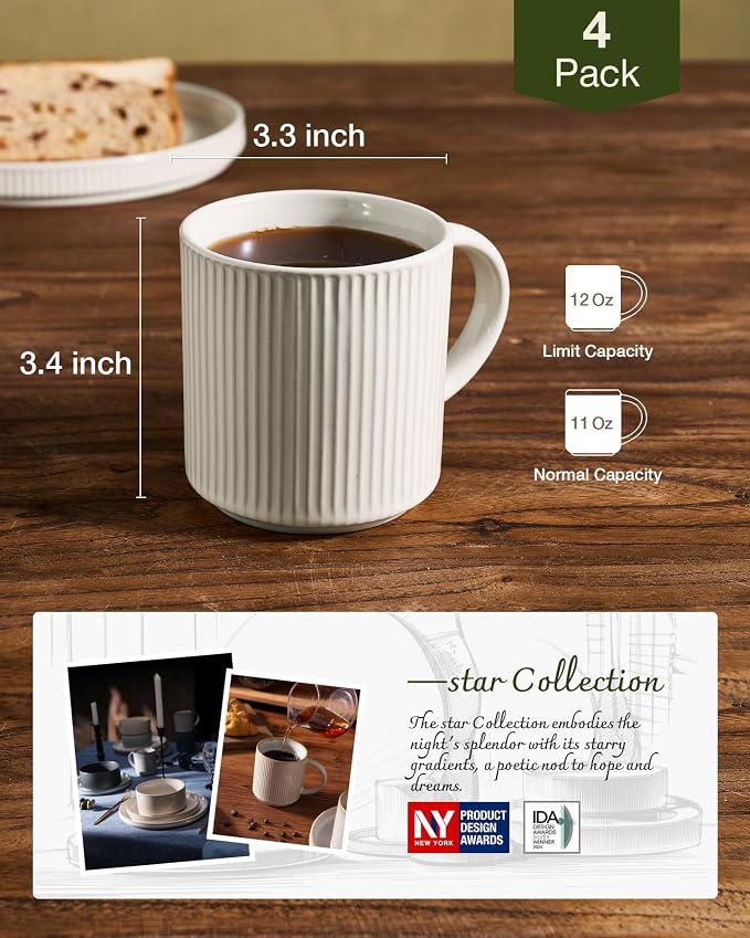 famiware Coffee Mug Set for 4, Star 12 oz Catering Mugs Cup Set with Handle for Coffee, Tea, Cocoa, Milk- Ceramic Stoneware Drinkware Set, Oat