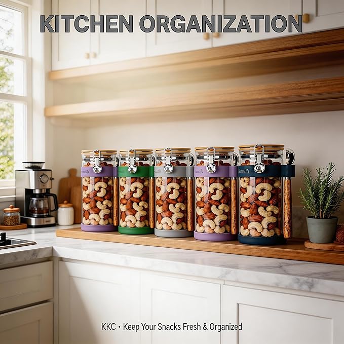 KKC 1.5-Quart Large Glass Nuts Storage Container, Airtight Food Storage Jar with Bamboo Lid & Scoop, Keeps Nuts Crunchy & Fresh, Perfect for Pantry Organization & Storing Nuts, Almonds, Peanuts
