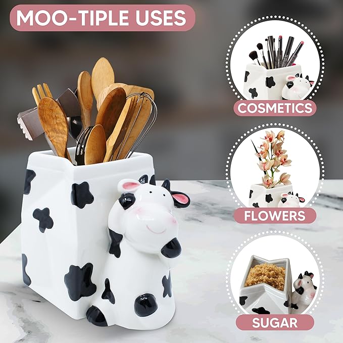 Utensil Holder | Cow Gifts For Women | Cow Stuff Print Kitchen Crock Storage | Accessories Decoration | Cute Gifts For Women | La Vaca Animal Cow Decor | Countertop Cow Stuff Vase