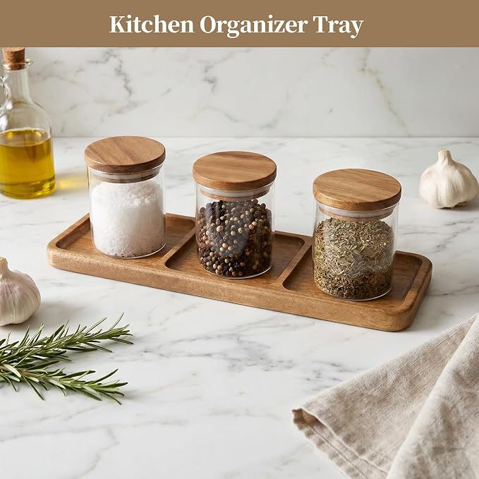 Small Wooden Tray | Acacia Wood Tray for Vanity, Bathroom Counter, Coffee Table & Toilet | Perfect for Jewelry, Key & Catch All | Mini Charcuterie Board Serving Platter (Rectangular 3-Compartment)