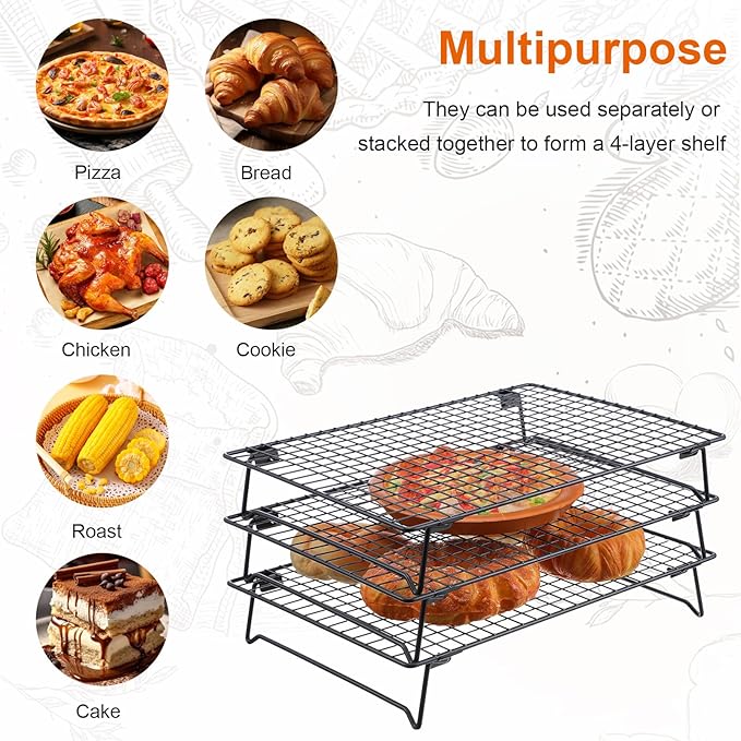 4Pcs Cooling Racks for Cooking and Baking, 13.4" x 9.4" Cookie Cooling Racks, 4-Tier Stackable Carbon Steel Wire Cooling Rack for Baking, Cookie, Pizza, Cake, Roasting, Making Jerky
