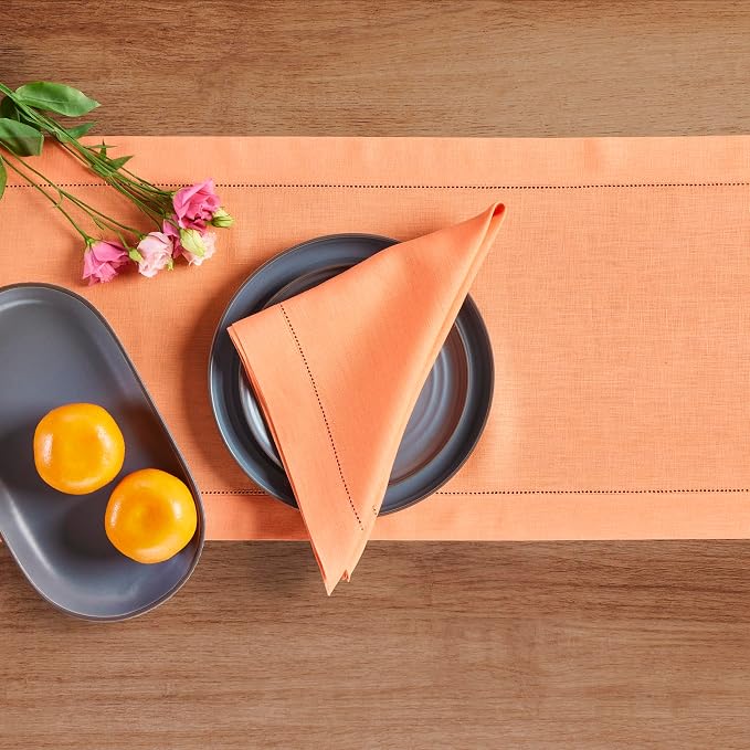 Solino Home Linen Coral Table Runner 144 Inches Long - 100% Pure Linen Extra Long Table Runner 14 x 144 Inch for Summer - Classic Hemstitch
