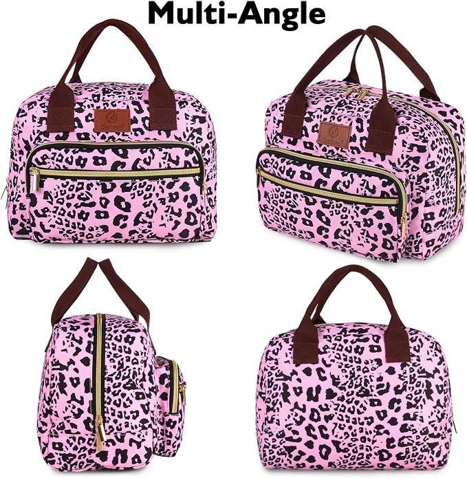 Insulated Lunch box for Women,Leakproof Quilted Thermal Lunch Bag, 14L Large Capacity Lunch Tote Bag Lightweight LunchBox Cooler for Work, School, Picnic or Travel with 2 Front Pocket-Leopard print