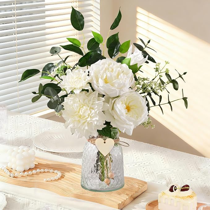 Livole Fake Flowers with Vase, White Real Touch Silk Artificial Flowers in Vase, Fake Plant Eucalyptus Flower Arrangement for Table Centerpieces, Table Decorations for Living Room, Coffee Table, Home