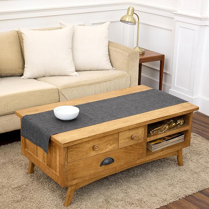 Solino Home Linen Small Table Runner 60 Inches - Athena, 100% Pure Linen Charcoal Grey Table Runner 14 x 60 Inch Ideal for Dresser and Coffee Tables