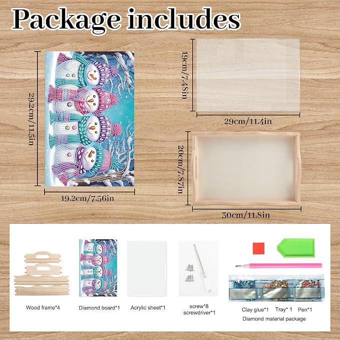 DIY Diamond Serving Tray Rectangular Breakfast Tray with Handle Handmade Diamond Art Painting Wooden Tray for Dinner Plate Coffee Room Living Home Organizer-Snowman03
