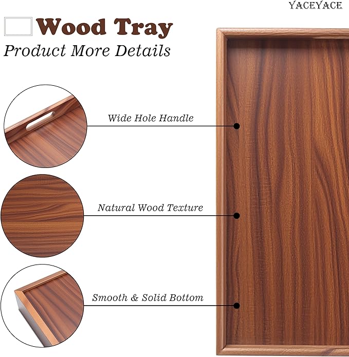 Wood Tray for Kitchen Counter, 12"x8"x1.5" Small Serving Tray with Handle for Ottoman, Coffee Table, Kitchen, Home Decor, Bathroom