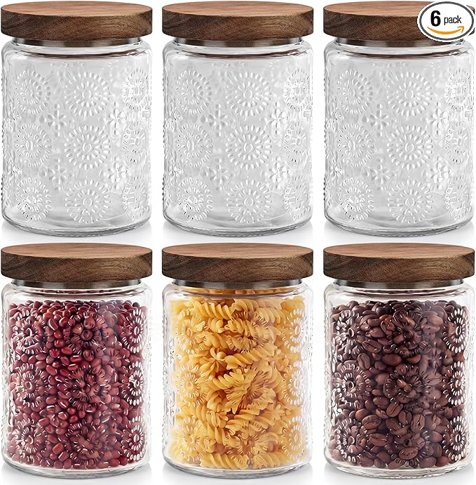 Suclain 6 Pack 23.7 oz Vintage Glass Jar with Wooden Lids Airtight Storage Food Container Jar for Kitchen Bathroom Pantry Decorative Vintage Canister for Coffee Beans, Brown Sugar(Fireworks)