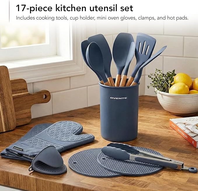 OVENTE Silicone Cooking Utensils Set, 17pcs Heat Resistant Kitchen Tools and Gadgets for Nonstick Cookware, BPA Free Spatula Set with Wooden Handle, Cup Holder, Oven Gloves and Hot Pads, Blue SPS17BL