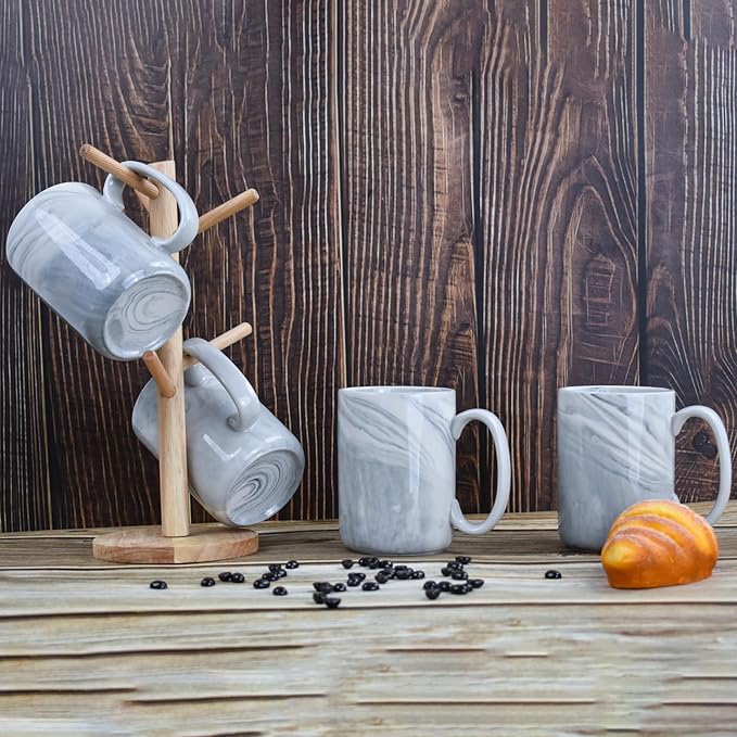 Coffee Mugs Set of 4,16 OZ Large Tea Cups, Grey Marble Ceramic with Big Handle,Bulk Marble Diner Mugs Set for Latte, Beer,Cappuccino,Microwave Dishwasher Safe Cup for Men Women Gift