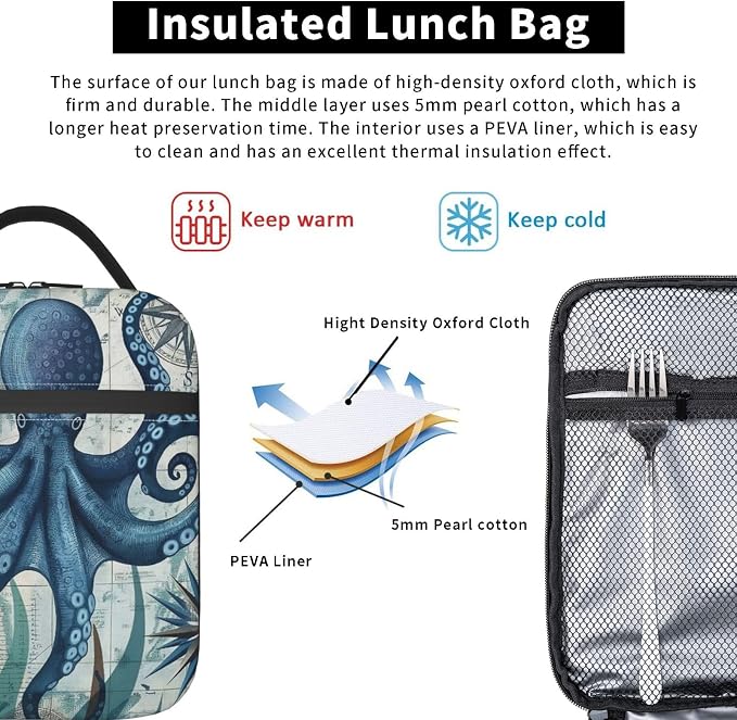 Octopus Lunch Box for Adults Women Girls Boys Kids Nautical Coastal Lunch Box Insulated Cooler Reusable Lunch Bag Container Gifts for Work Office Picnic Travel School