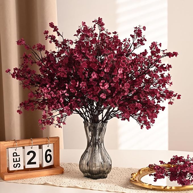 Waipfaru 15Pcs Fake Flowers Babys Breath Silk Artificial Flowers Gypsophila Bouquets Bulk Real Touch Fall Stems for Fall Thanksgiving Autumn DIY Floral Arrangement Table Centerpieces, Wine Red