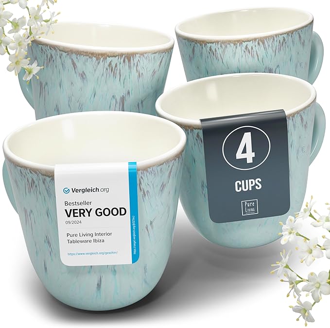 Stoneware Coffee Mug Set of 4, Stylish Modern Beige-Blue Cups, 14.5 Oz Ceramic, Dishwasher and Microwave Safe, Solid Mediteran Set
