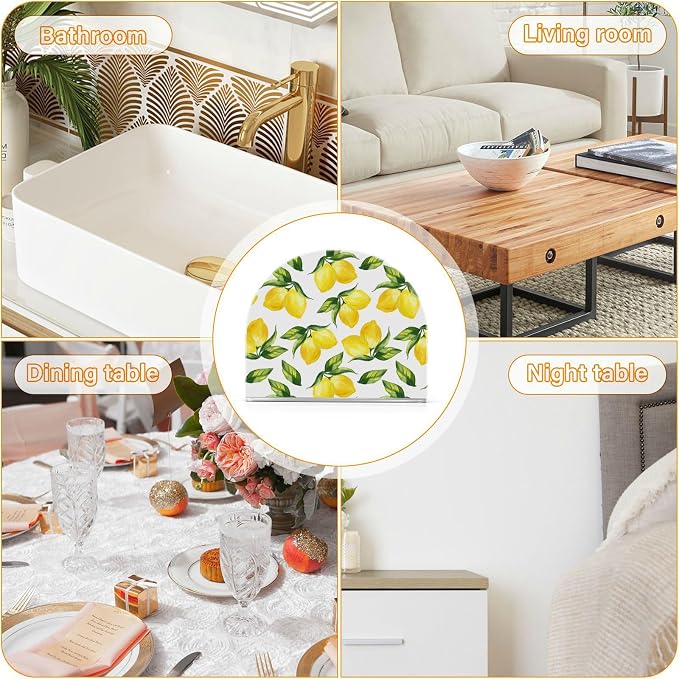 Yellow Lemon and Green Leaves on White Napkin Holder for Tables Paper Cocktail Napkin Holders for Kitchen and Dinning, Acrylic Dinner Napkin Dispenser for Restaurant Home Decor Bar Accessories 2 Pack