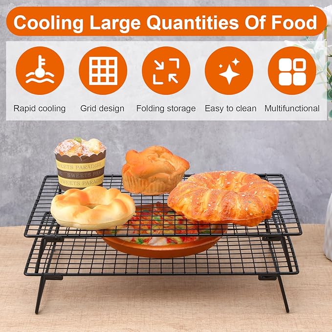 4Pcs Cooling Racks for Cooking and Baking, 13.4" x 9.4" Cookie Cooling Racks, 4-Tier Stackable Carbon Steel Wire Cooling Rack for Baking, Cookie, Pizza, Cake, Roasting, Making Jerky