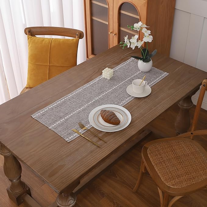 Gernaice Boho Table Runner, Rustic Embroidered Cotton Linen Farmhouse Table Runners for Dresser End Coffee Table Home Decor, 24" L X 13" W Dark Brown