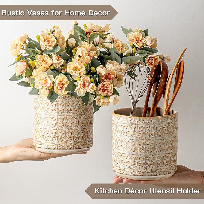 Ceramic Utensil Holder for Kitchen Counter,5.3" Farmhouse Kitchen Utensils Holder for Countertop， Handcrafted Cooking Utensil Holder with Elegant Design for Utensil Storage, Flower Vase