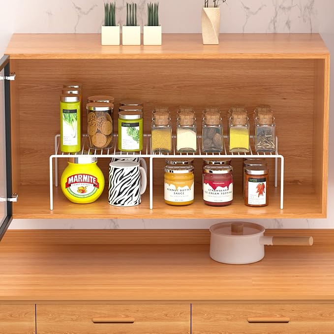 iPEGTOP Expandable Freezer Cabinet Storage Shelf, 2 Pieces Rustproof Spice Rack, Adjustable Kitchen Organizer Counter Fridge Pantry Shelf Space Saver (White)