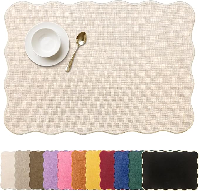 AHHFSMEI Faux Linen Placemats Set of 6 Heat Resistant Non-Slip Stain Proof Table Mats for Kitchen Dining Elegant Decor Place Mats (Beige)