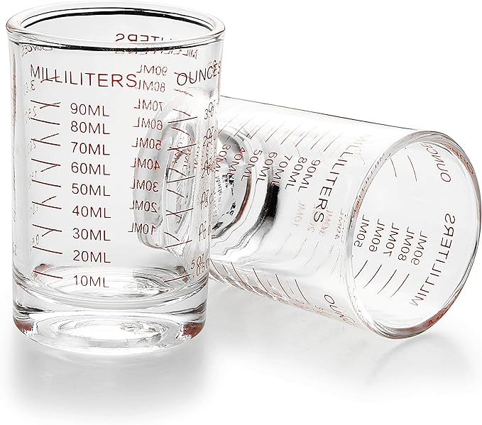 2 PACK Measuring Cup Shot Glass 3 Ounce/90ML Liquid Heavy Glass Red Scale