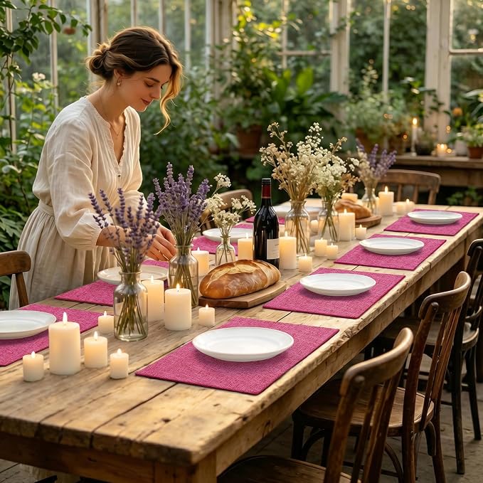 homing Faux Cotton Linen Placemats Set of 6, Cloth Washable Farmhouse Dining Table Mats for Indoors & Outdoors, Easy to Clean, Hot Pink, 13 x 19 Inch