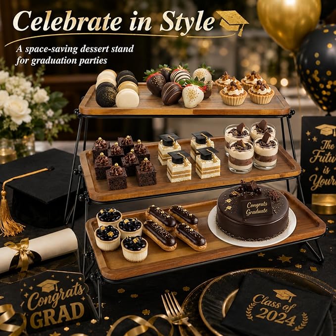 RHBLME Tiered Tray Stand, Acacia Wood Dessert Table Display Set, 3 Tier Cupcake Stand and Towers Serving Tray for Party, Decorative Tiered Tray Rustic Wood Serving Platters and Trays