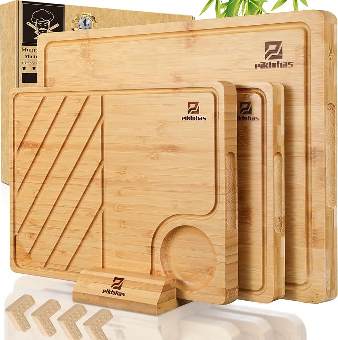 Piklohas Large Bamboo Cutting Boards Set of 4 for Kitchen, Bamboo Charcuterie Chopping Board with Holder Non Slip, Steak Serving Tray with Juice Groove, Big Butcher Block for Cheese, Ideal for Gift