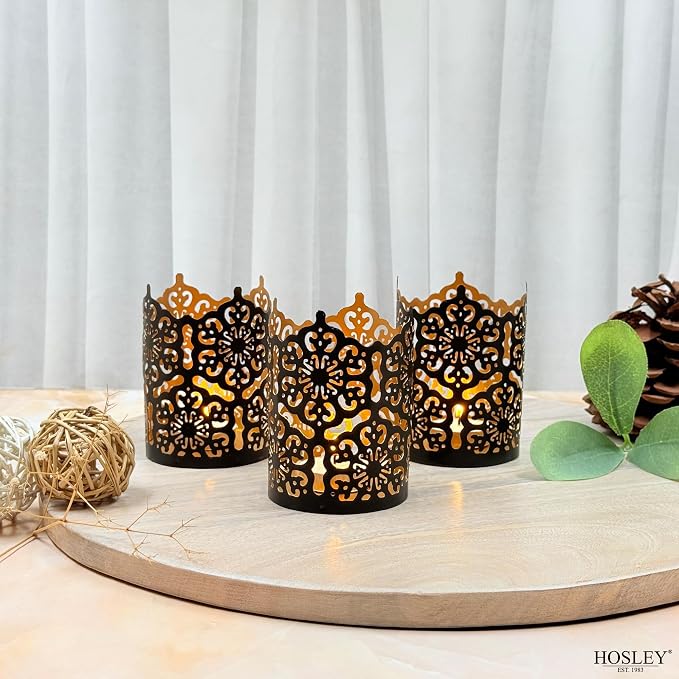 Hosley Set of 3 Black Finish Metal Candle Holders 4 Inch High Lattice Cut Lanterns for Coordinated Elegance and Enchanting Illumination Elevate Your Decor