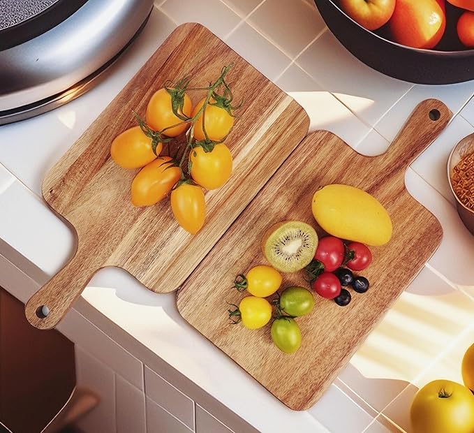 ZeQi 2PCS Small Acacia Wood Cutting Board with Handle 13.7''X7'', Chopping Board, Charcuterie Board, Serving Board for Cheese, Bread, Meat, Vegetables & Fruits (2 Pack Rectangular)
