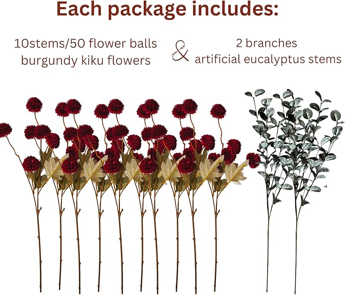 RyddeligHome Faux Red Flowers Artificial 10 Long Stems + Eucalyptus, Burgundy Wine Colored Silk Mum Flowers for Decor, Fall Table Centerpieces, Dark Red Faux Mums