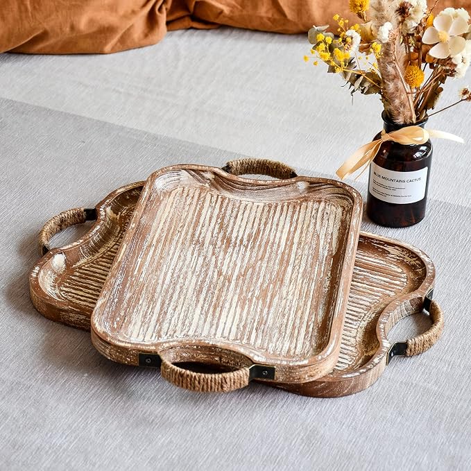 Rustic Wood Serving Tray with Metal Twine Handles Set of 2 Rectangular Decorative Trays Farmhouse Platter for Food, Fruit, and Coffee Great for Bed, Patio, Ottoman, Coffee Table, Kitchen, or Party.